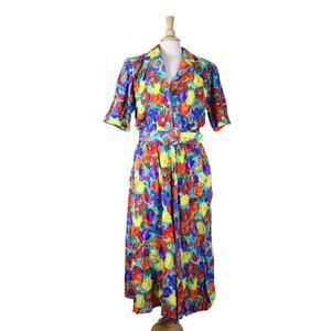 Vintage 90s dress floral fruit print blue rainbow loud colorful belted sz 12
